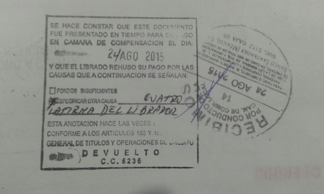 Fotografia del anverso del cheque de Indemaya que fue devuelto a Fidencio Briceño por mala firma